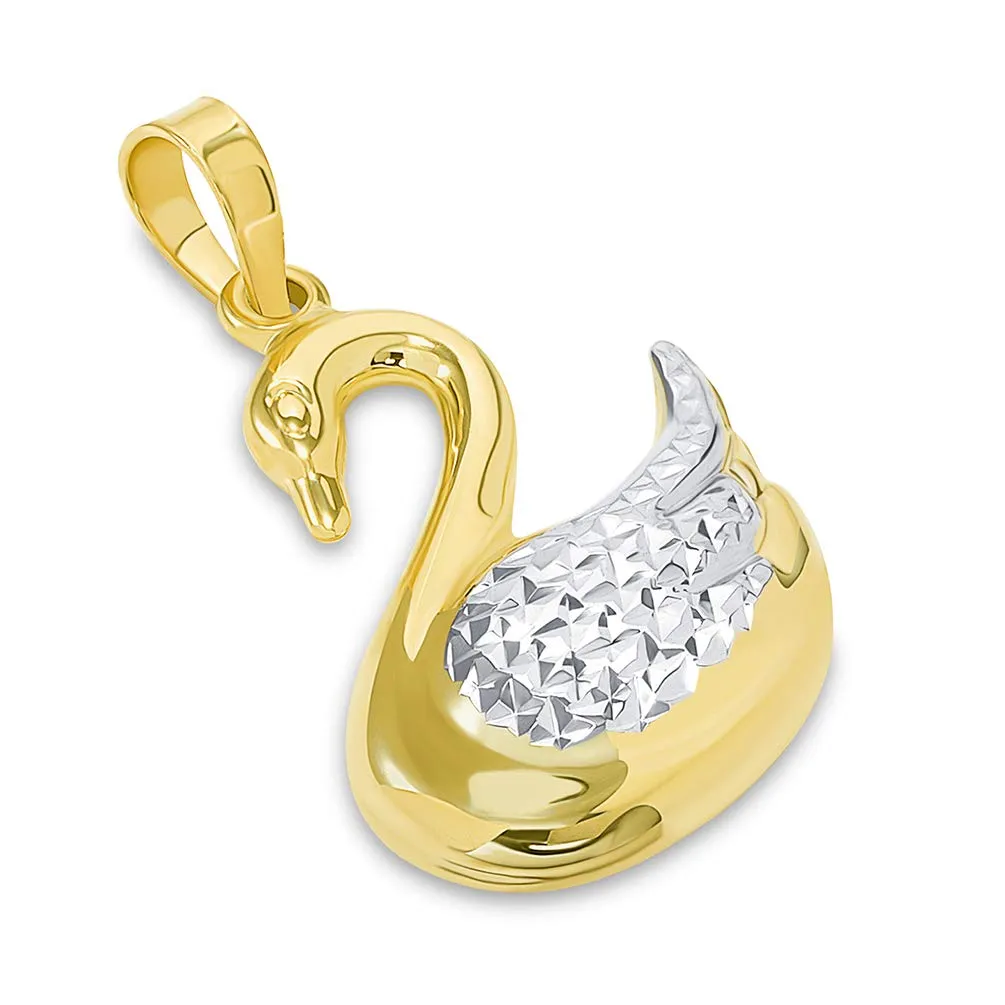 High Polish 14k Yellow Gold 3D Swan Animal Pendant Necklace (Reversible)