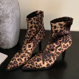 Leopard Print Stretch Zippered Pointed Toe Heeled Ankle Boot