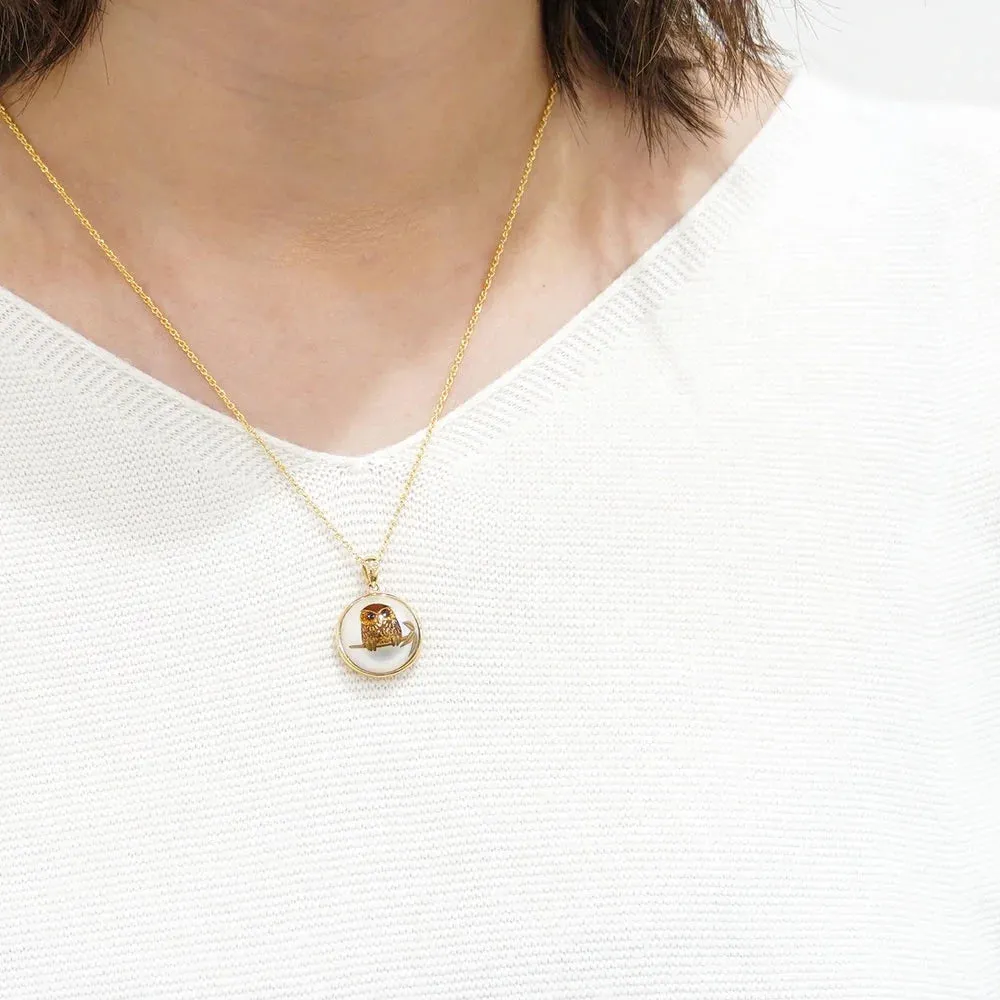 Maki-e Urushi Lacquer Pendant Necklace - Mabe Pearl / Owl -, Traditional Japanese Urushi Lacquer Jewelry