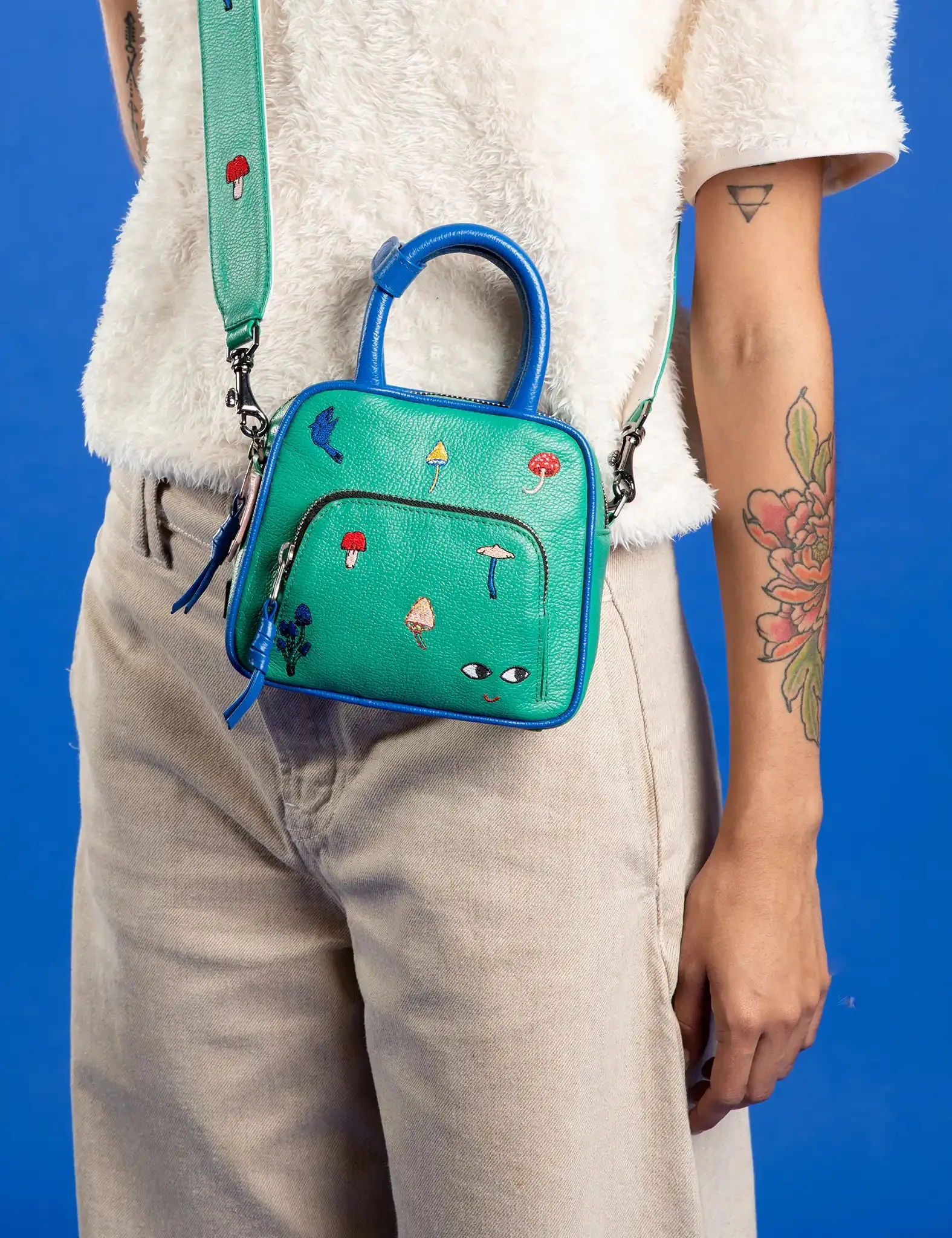 Marino Mini Crossbody Deep Green Leather Bag - Woodlands Embroidery