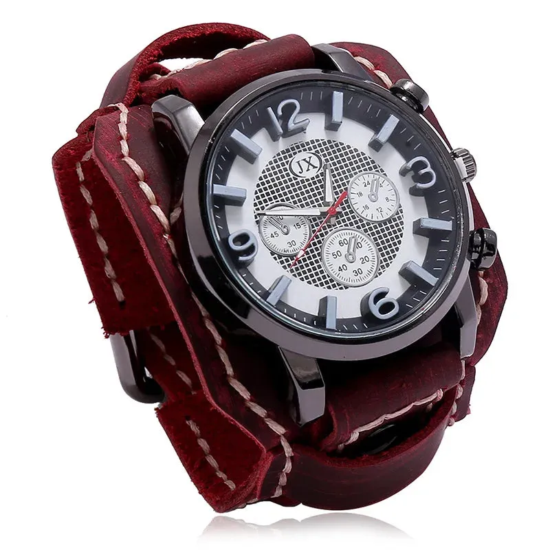 Men's Genuine Leather Wide Watchband Wristwatch