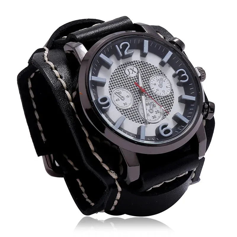 Men's Genuine Leather Wide Watchband Wristwatch