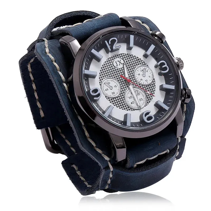 Men's Genuine Leather Wide Watchband Wristwatch