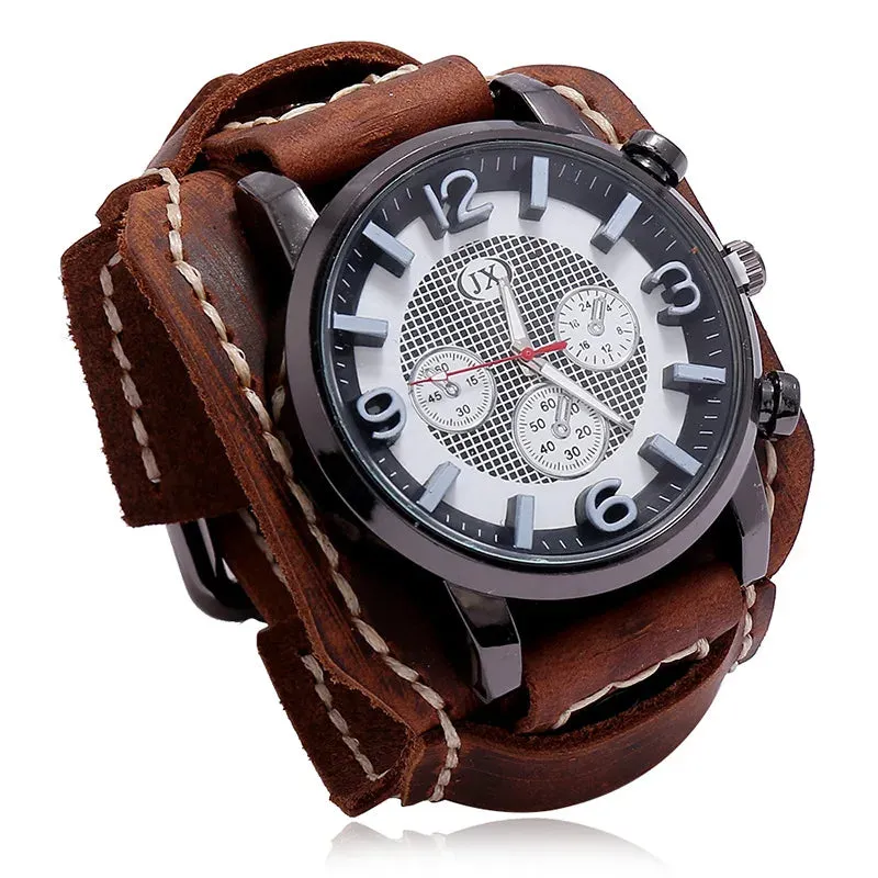 Men's Genuine Leather Wide Watchband Wristwatch