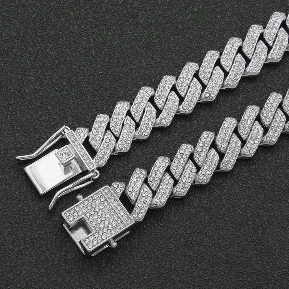 Mens Silver Cuban Link Chain Necklace for Women - Iced Out Bling Miami Cuban Link Bracelet - Hip Hop Jewelry for Men and Women