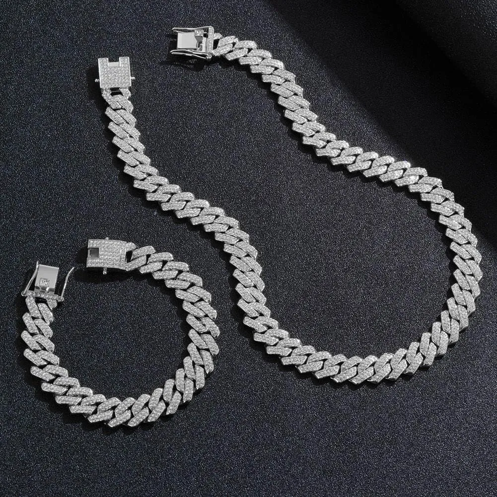 Mens Silver Cuban Link Chain Necklace for Women - Iced Out Bling Miami Cuban Link Bracelet - Hip Hop Jewelry for Men and Women