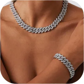 Mens Silver Cuban Link Chain Necklace for Women - Iced Out Bling Miami Cuban Link Bracelet - Hip Hop Jewelry for Men and Women