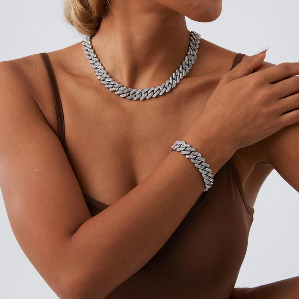 Mens Silver Cuban Link Chain Necklace for Women - Iced Out Bling Miami Cuban Link Bracelet - Hip Hop Jewelry for Men and Women