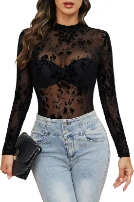 Mesh Top for Women Long Sleeve Mock Neck Mesh Shirt Sheer Top Solid Floral Tee Shirts S-XXL