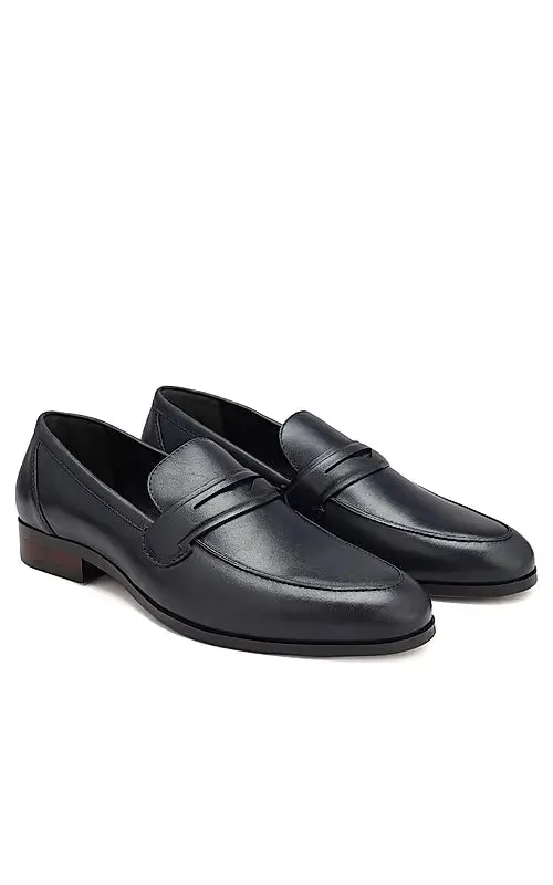 Navy Plain Leather Loafers