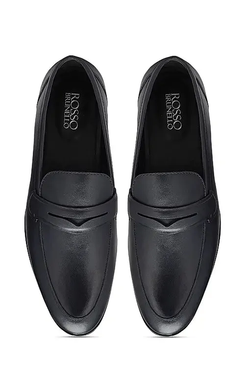 Navy Plain Leather Loafers