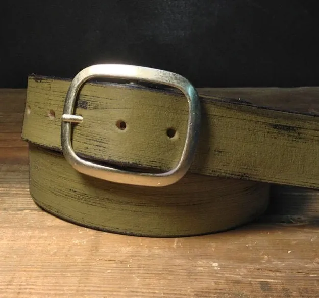 Olive Green Distressed Leather Snap Belt with Antique Silver or Brass Buckle