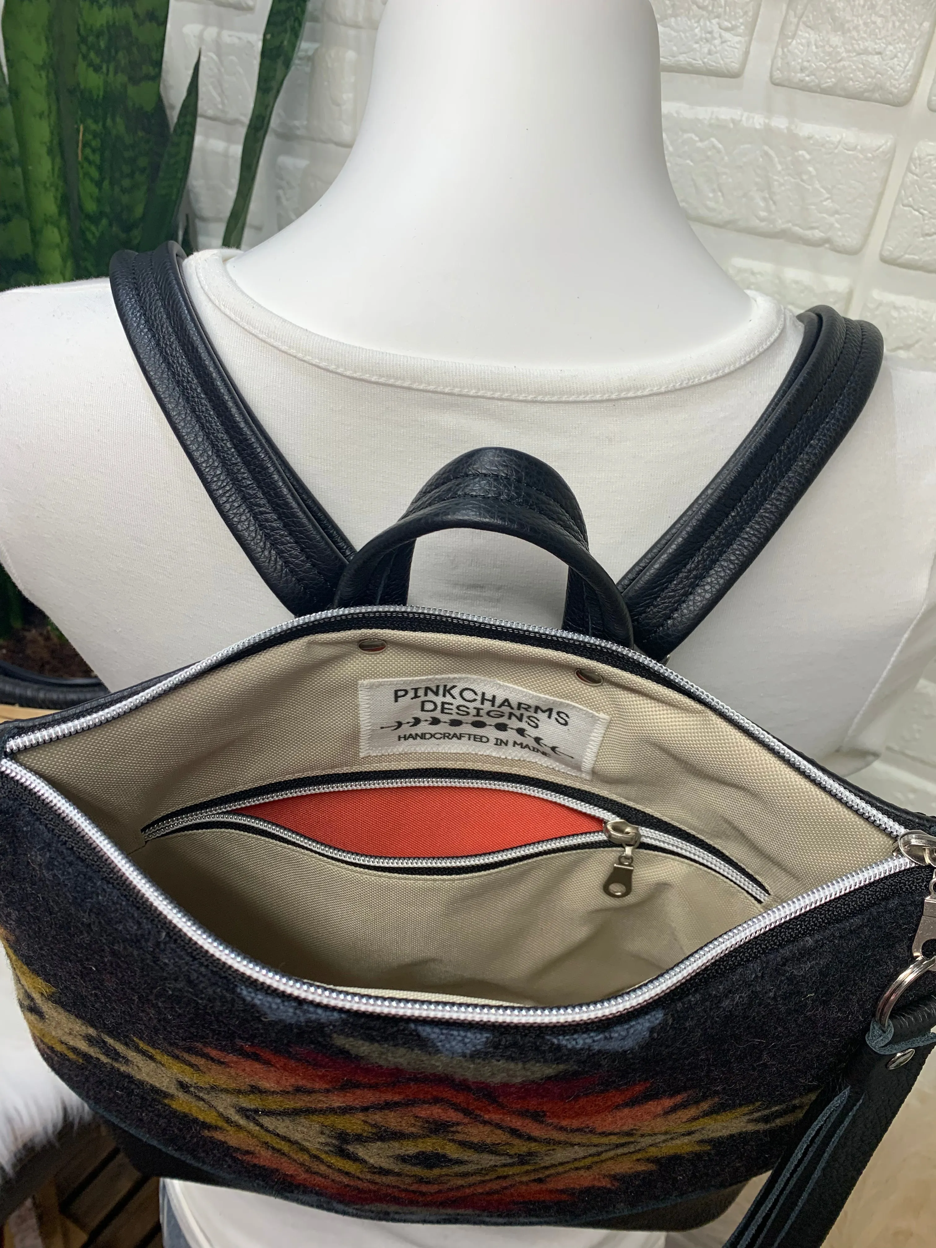 Pearl Backpack wool and black genuine leather, Pueblo Dwelling wool