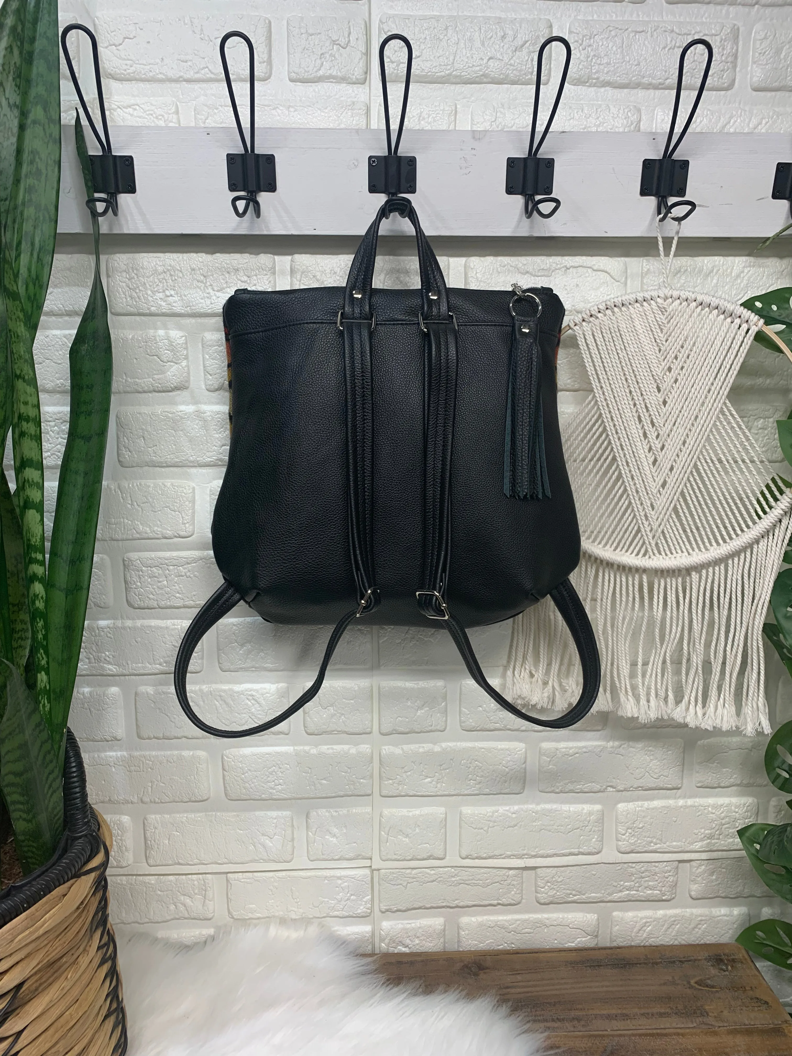 Pearl Backpack wool and black genuine leather, Pueblo Dwelling wool
