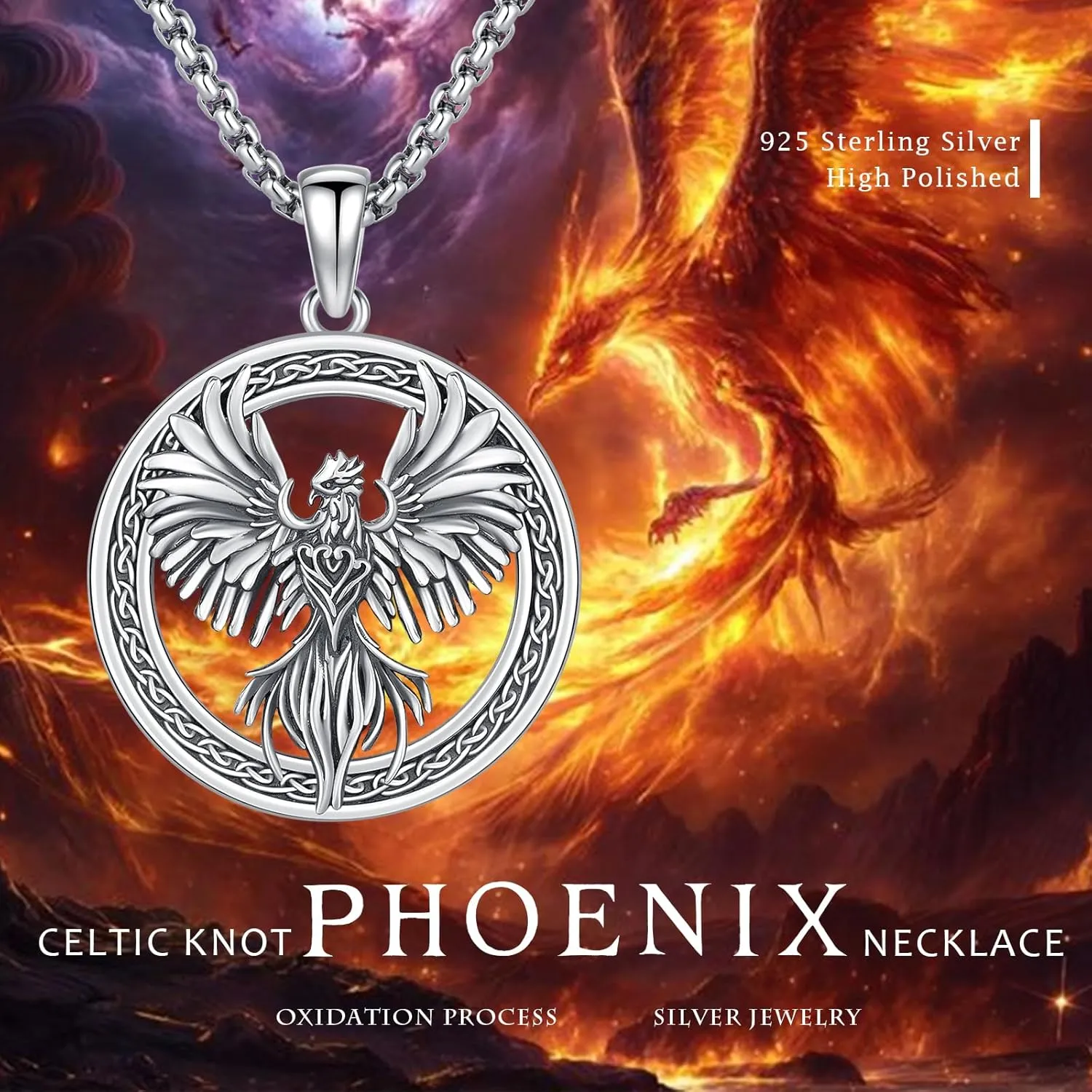 Phoenix Necklace 925 Sterling Silver Oxidized vintage Celtics Necklace Phoenix Rising Crystal Necklace Pendant Phoenix Charm Jewelry Gifts for Women Men