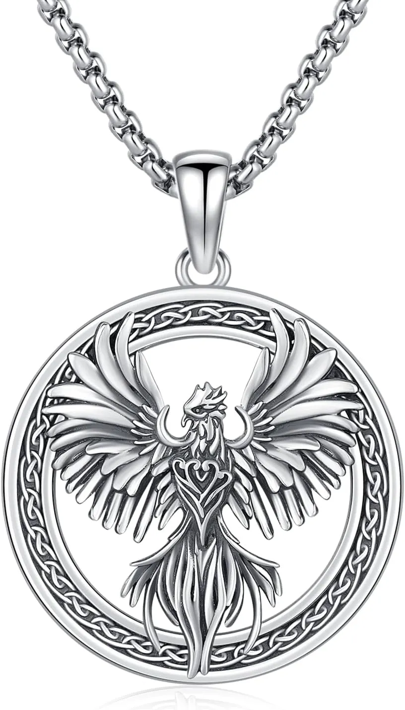 Phoenix Necklace 925 Sterling Silver Oxidized vintage Celtics Necklace Phoenix Rising Crystal Necklace Pendant Phoenix Charm Jewelry Gifts for Women Men