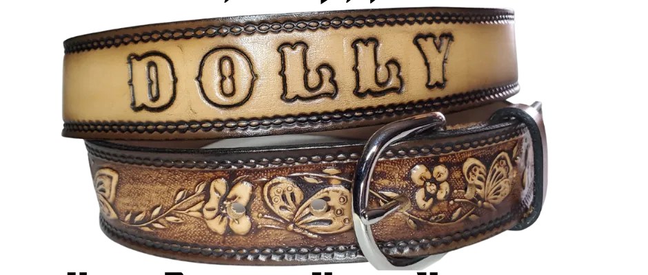 "Flowers and the Butterfly" NAME Leather Belt  "Quick Ship"