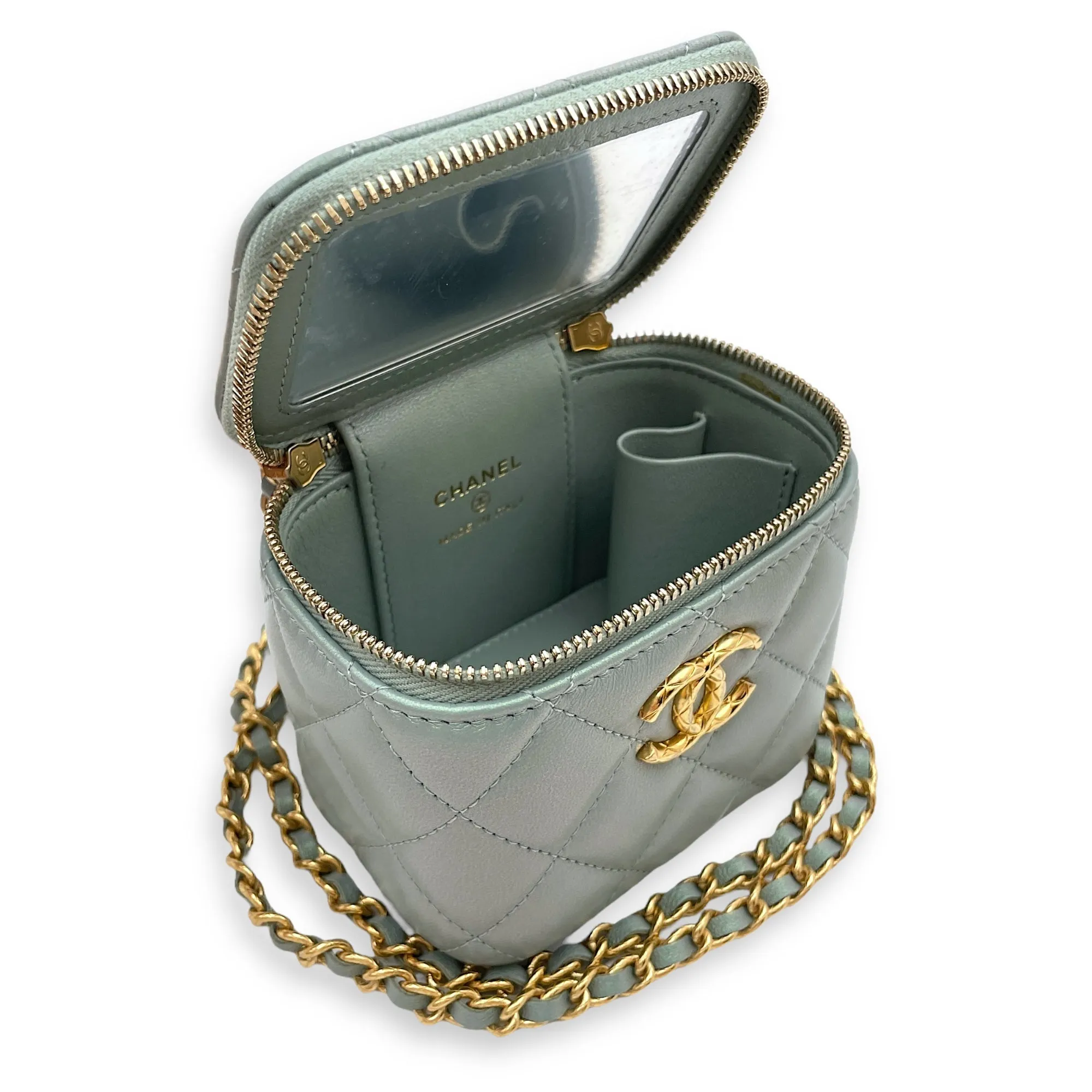 Seasonal Mini Vanity Iridescent Green Crossbody Bag in Lambskin, Gold hardware