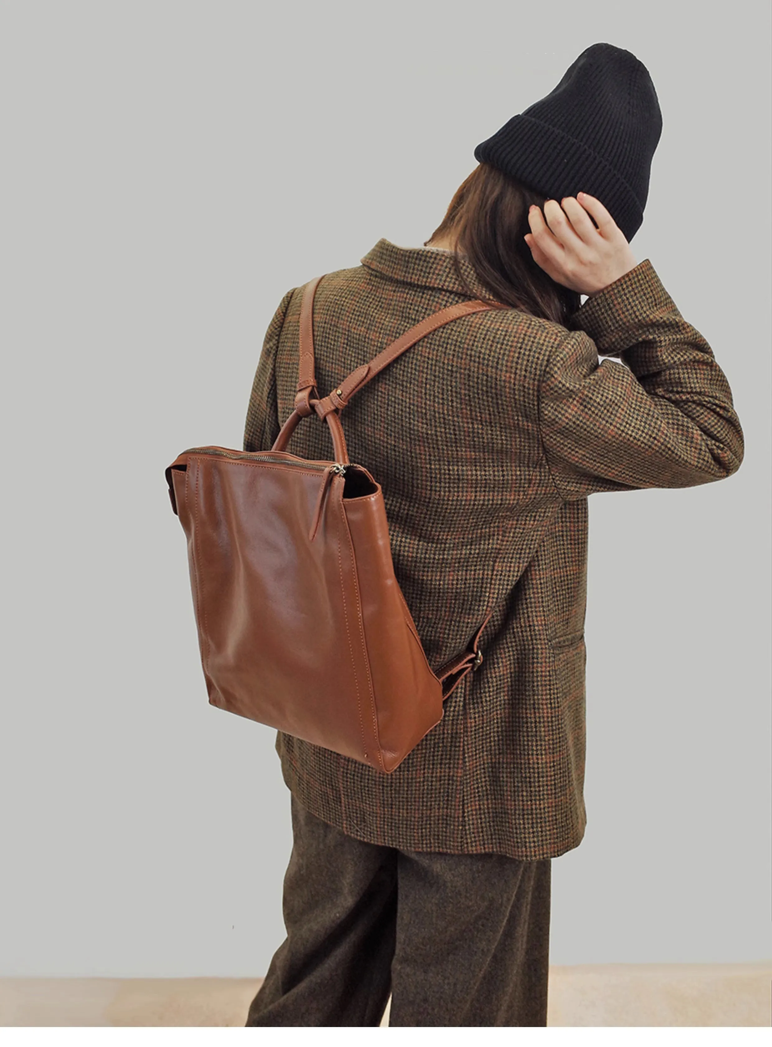 Simple Zipper Leather Backpack