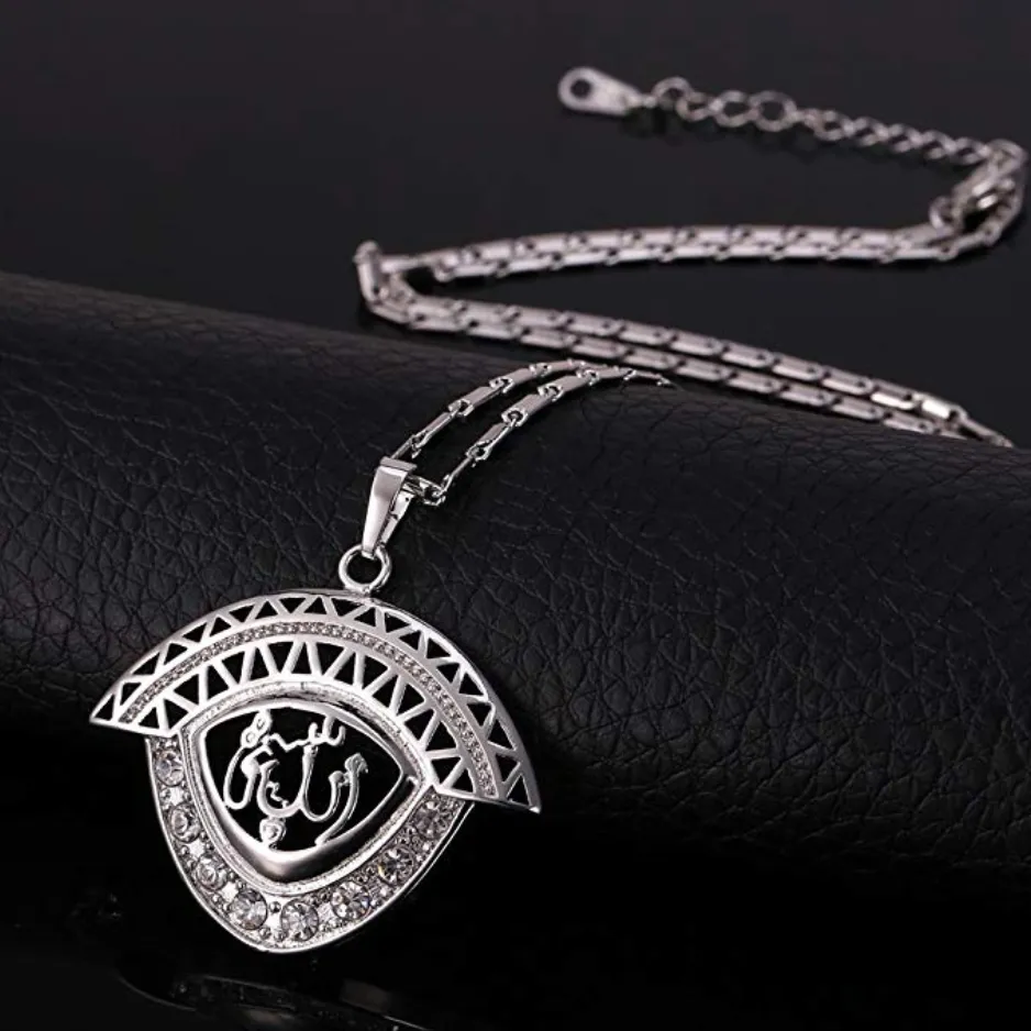 Simulated Diamond Necklace Allah Pendant Jewelry Gift Muslim Chain Allah Islamic Silver Color Metal Alloy 22in.