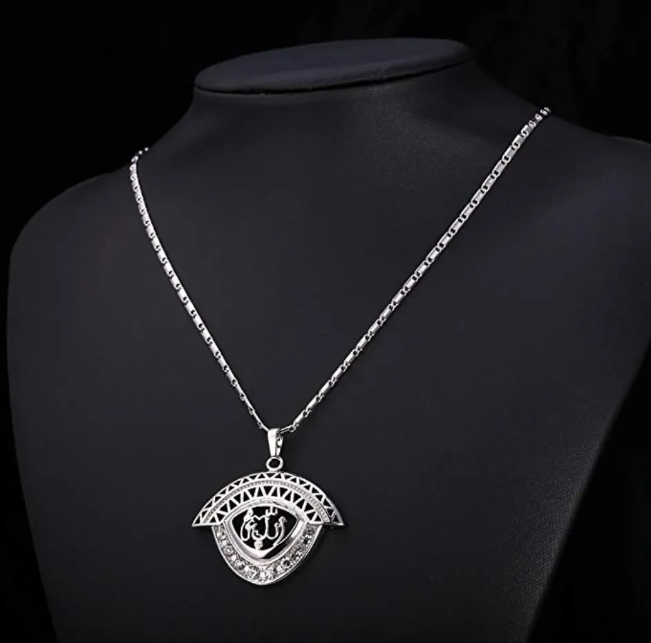 Simulated Diamond Necklace Allah Pendant Jewelry Gift Muslim Chain Allah Islamic Silver Color Metal Alloy 22in.