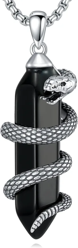 Snake Necklace with Black Obsidian 925 Sterling Silver Serpent Pendant Necklaces Jewelry for Men Women, w/Stainless Steel Chain 22'' 2''