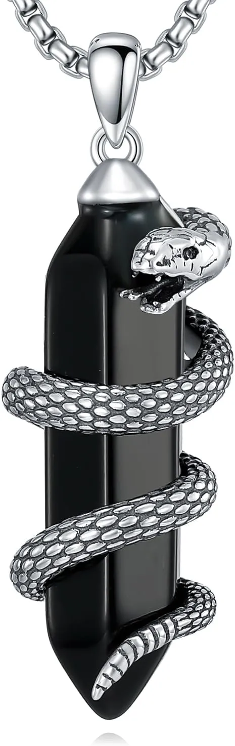 Snake Necklace with Black Obsidian 925 Sterling Silver Serpent Pendant Necklaces Jewelry for Men Women, w/Stainless Steel Chain 22'' 2''