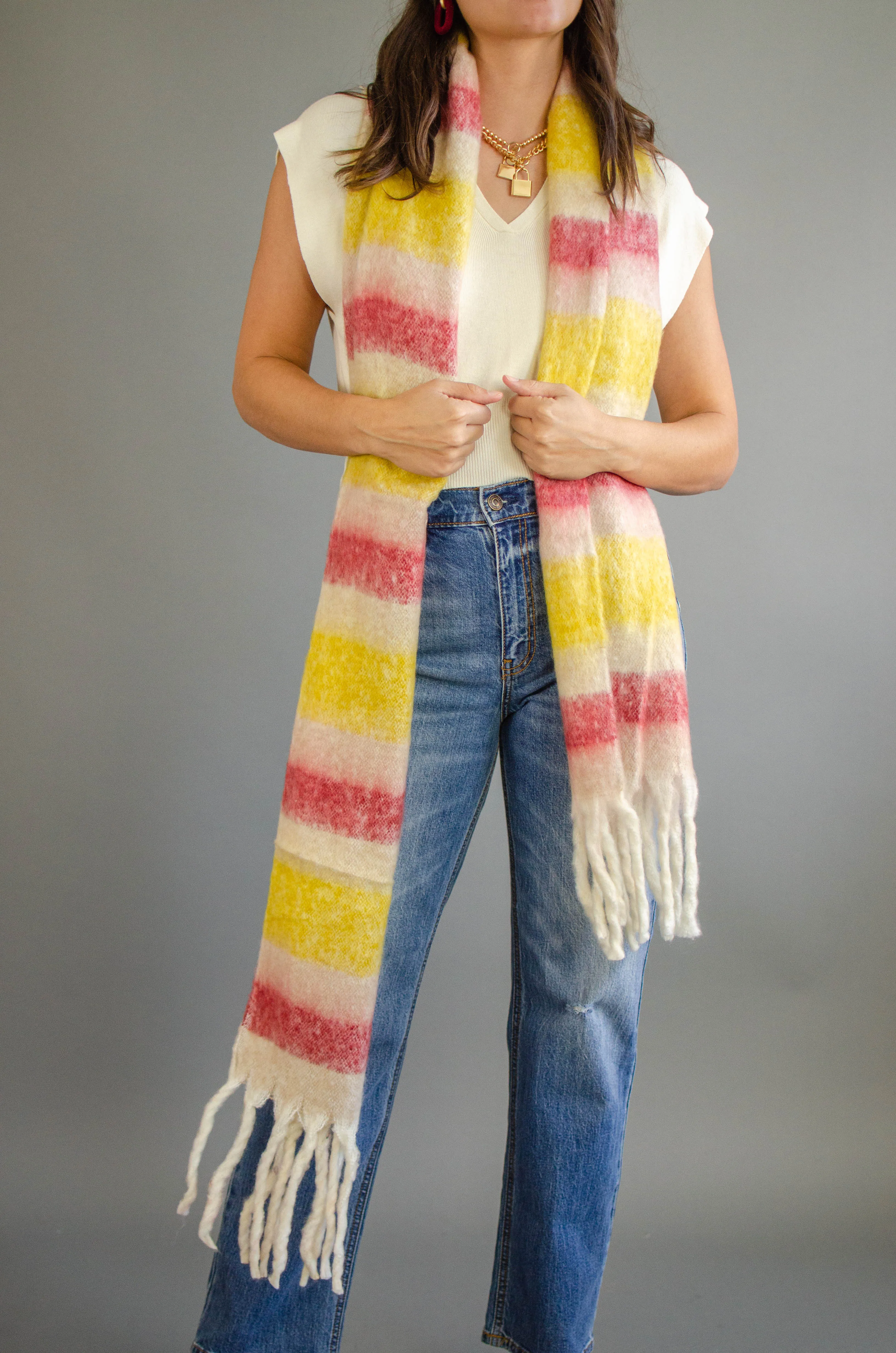 Stripe Fringe Knit Scarf