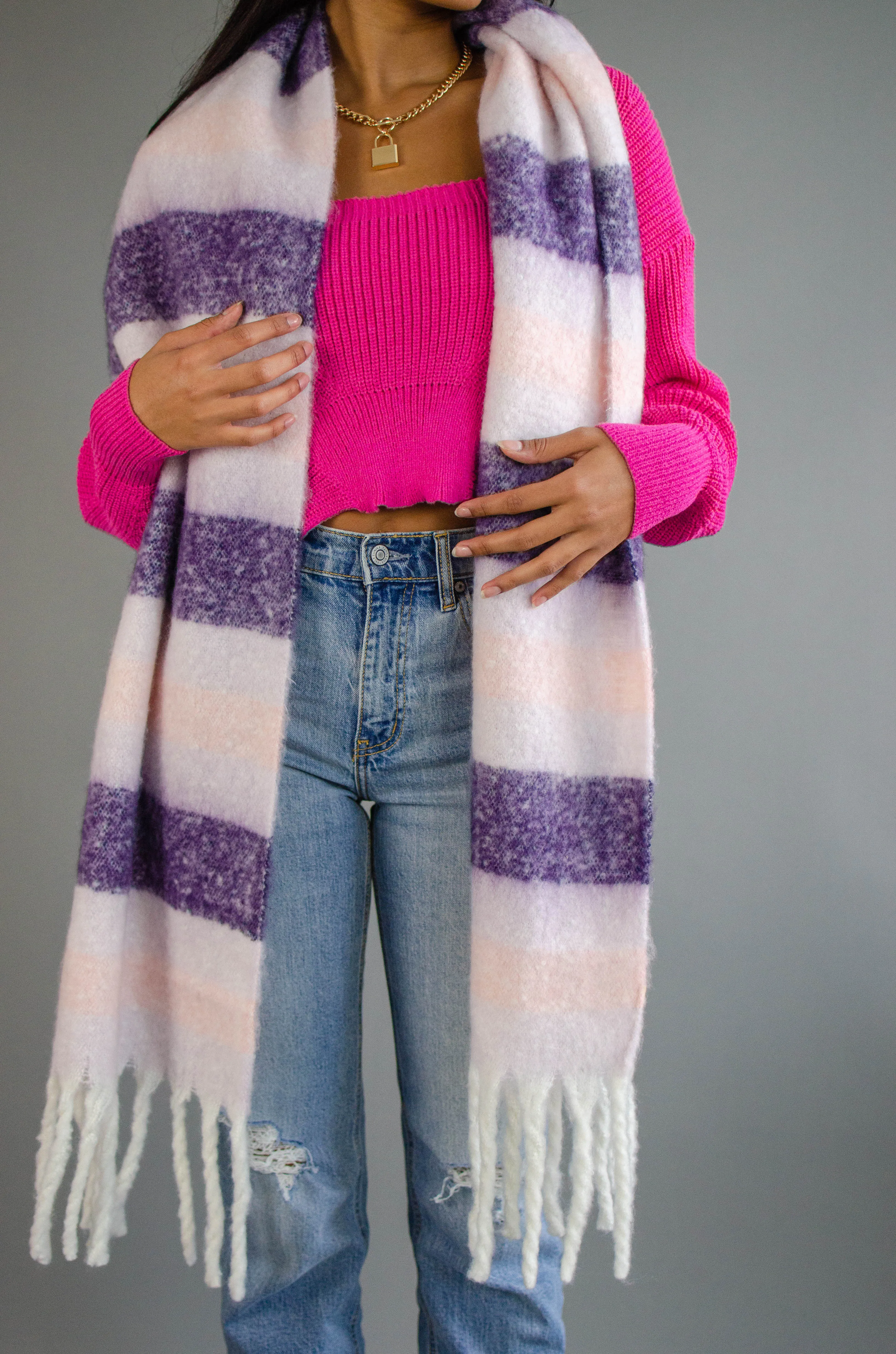 Stripe Fringe Knit Scarf