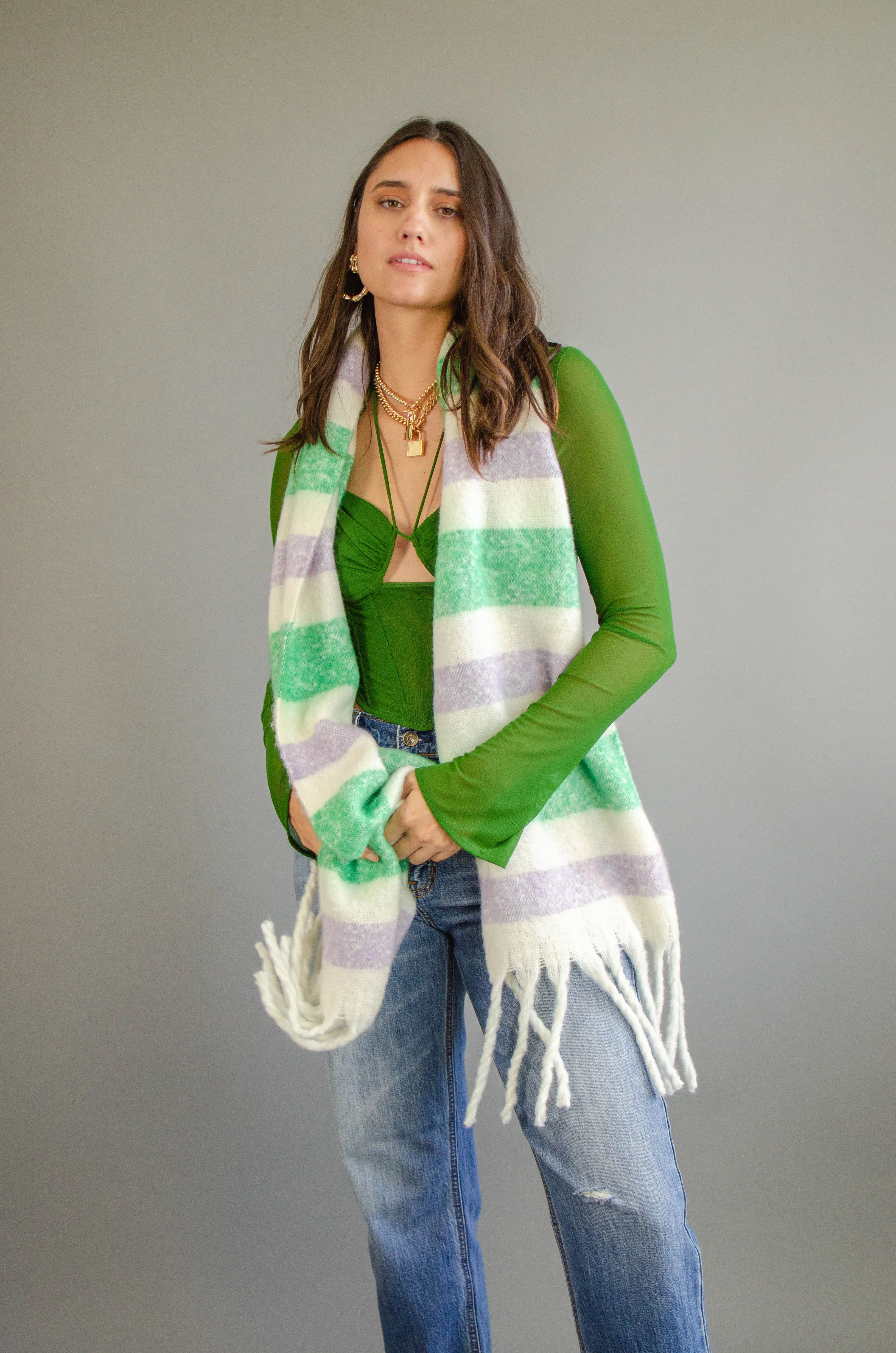 Stripe Fringe Knit Scarf