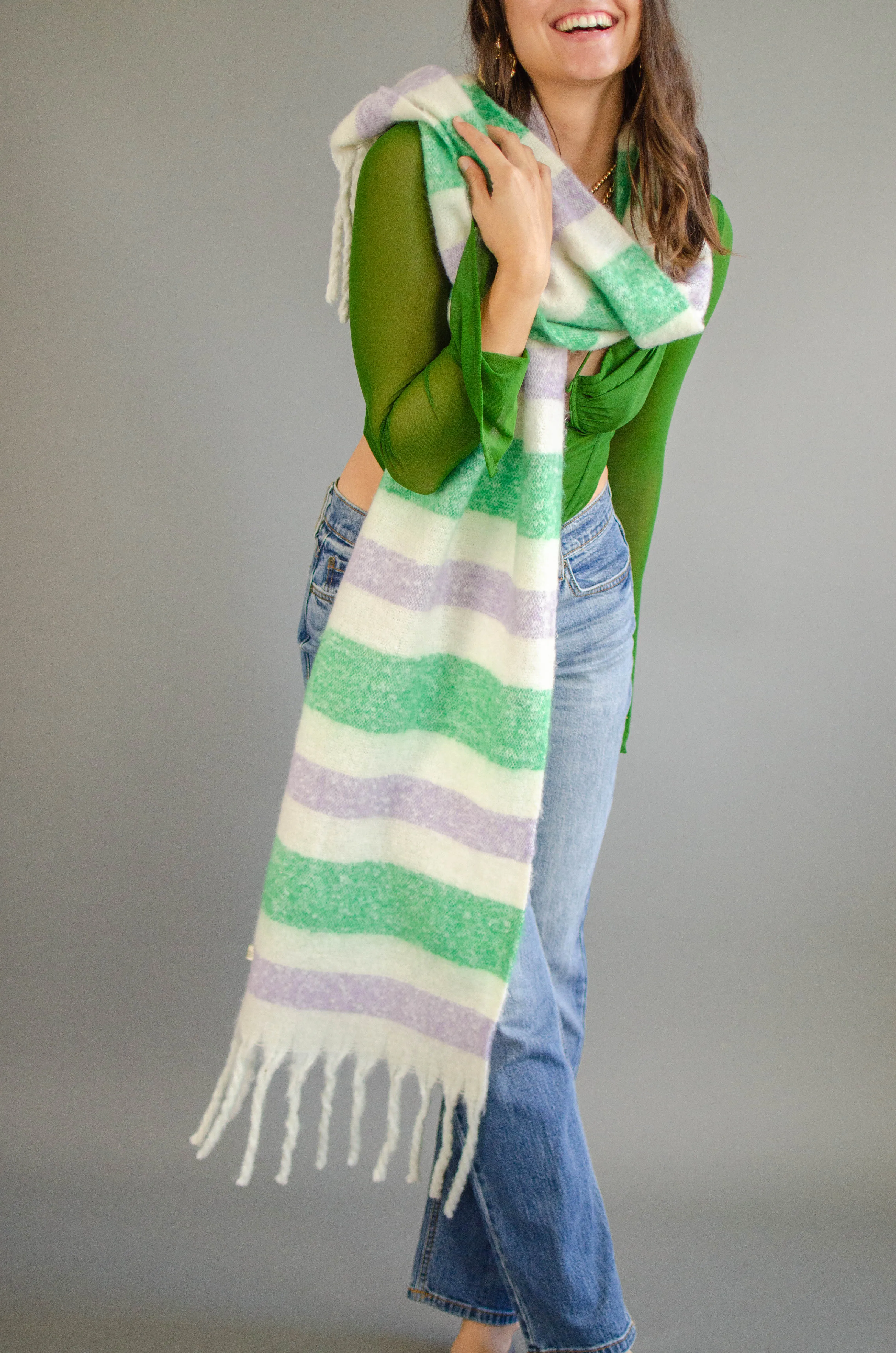 Stripe Fringe Knit Scarf