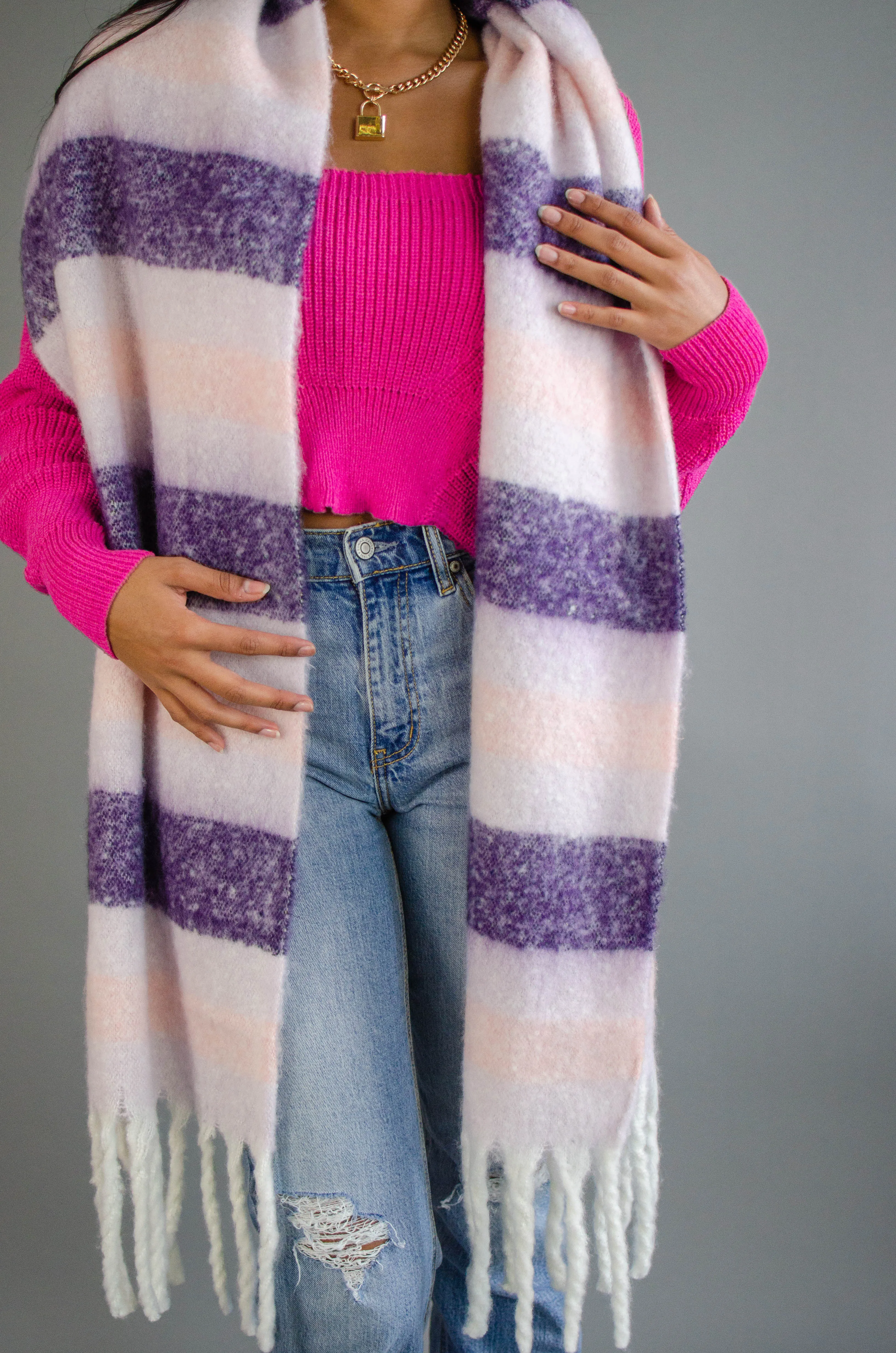 Stripe Fringe Knit Scarf