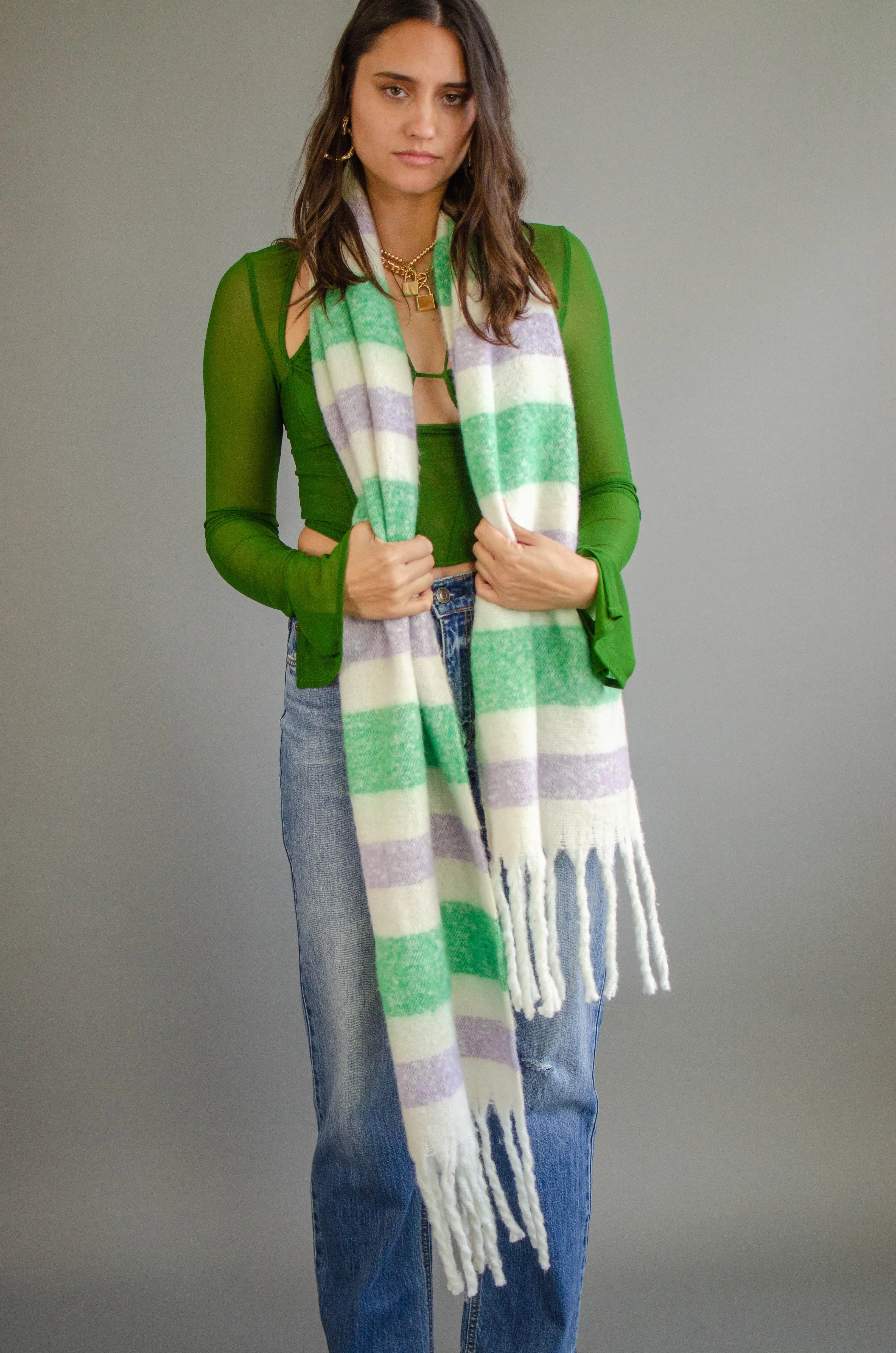 Stripe Fringe Knit Scarf