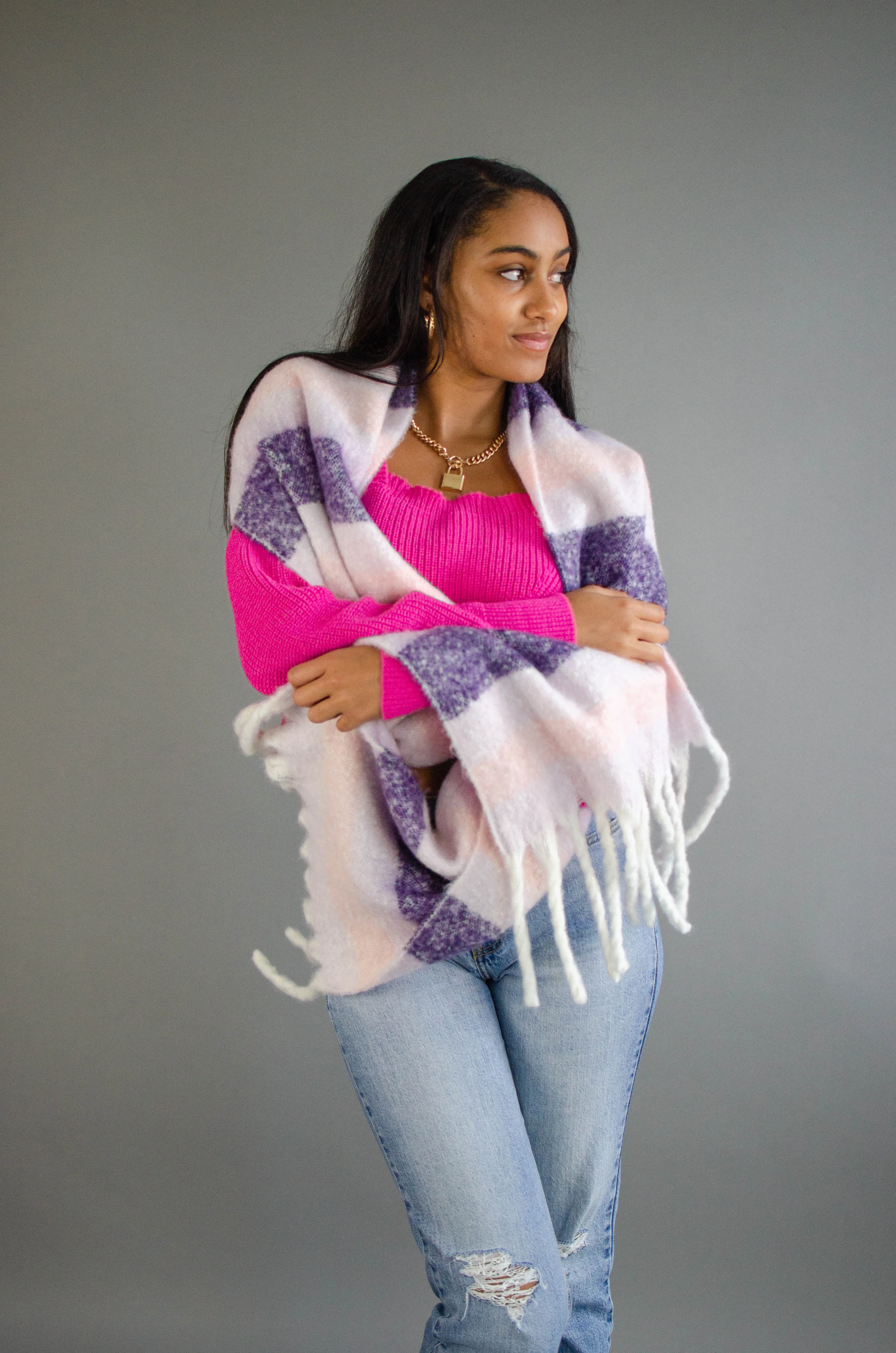 Stripe Fringe Knit Scarf