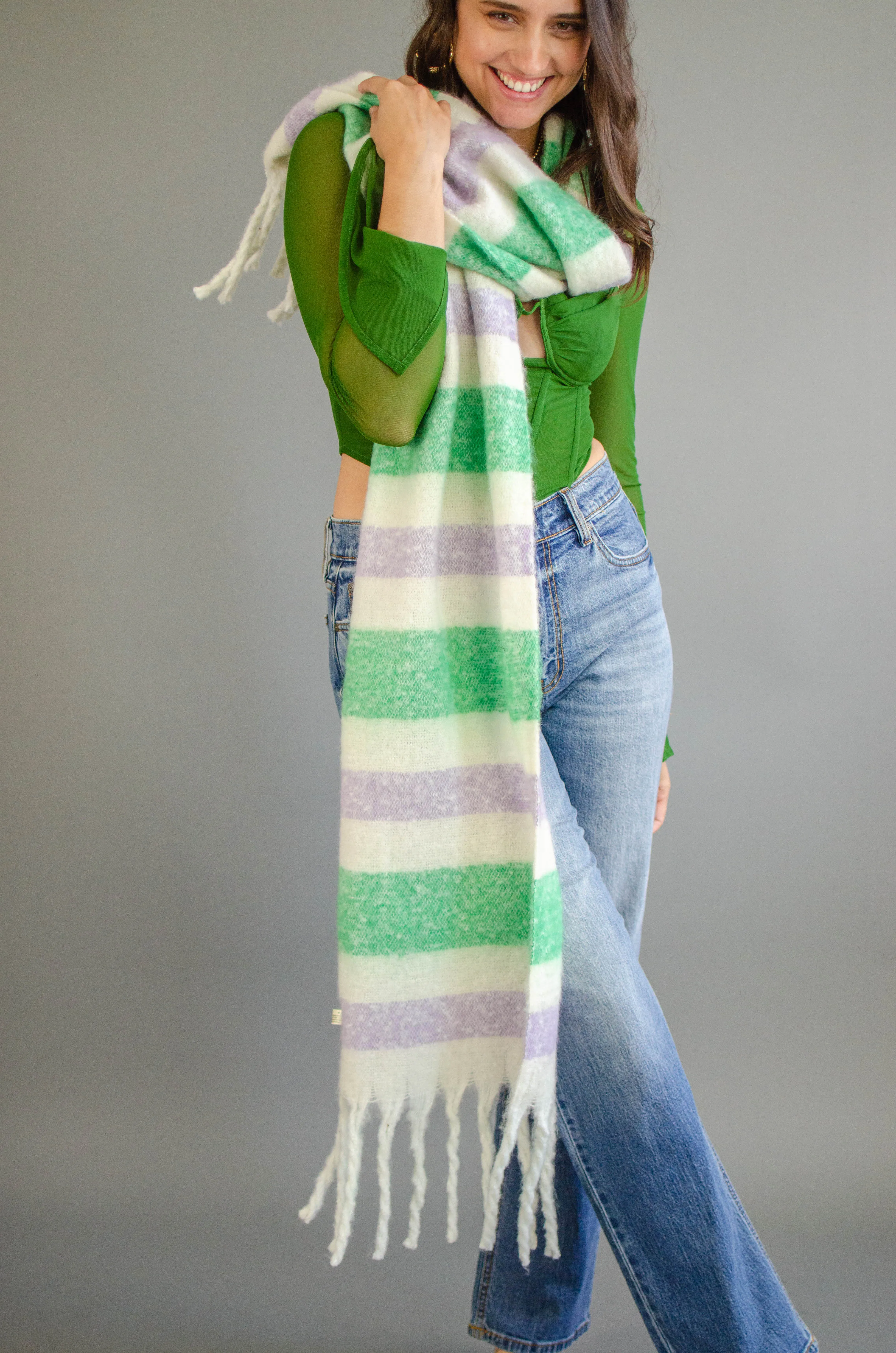 Stripe Fringe Knit Scarf