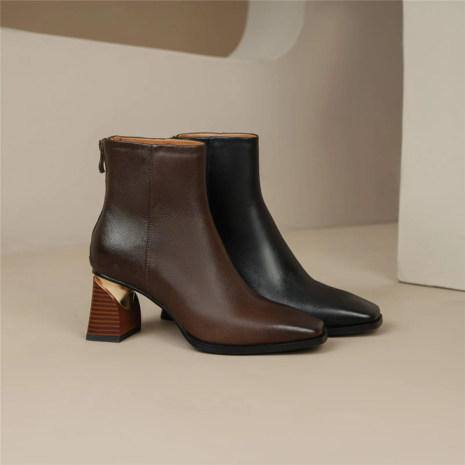 TinaCus Women's Genuine Leather Handmade Chunky Heel Square Toe Back Zip Ankle Boots