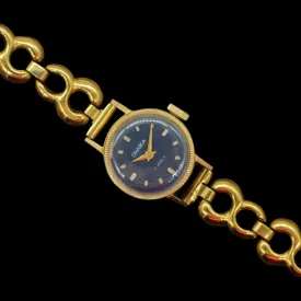 Vintage Soviet womens mechanical mini watch Chaika, gold plated, blue dial