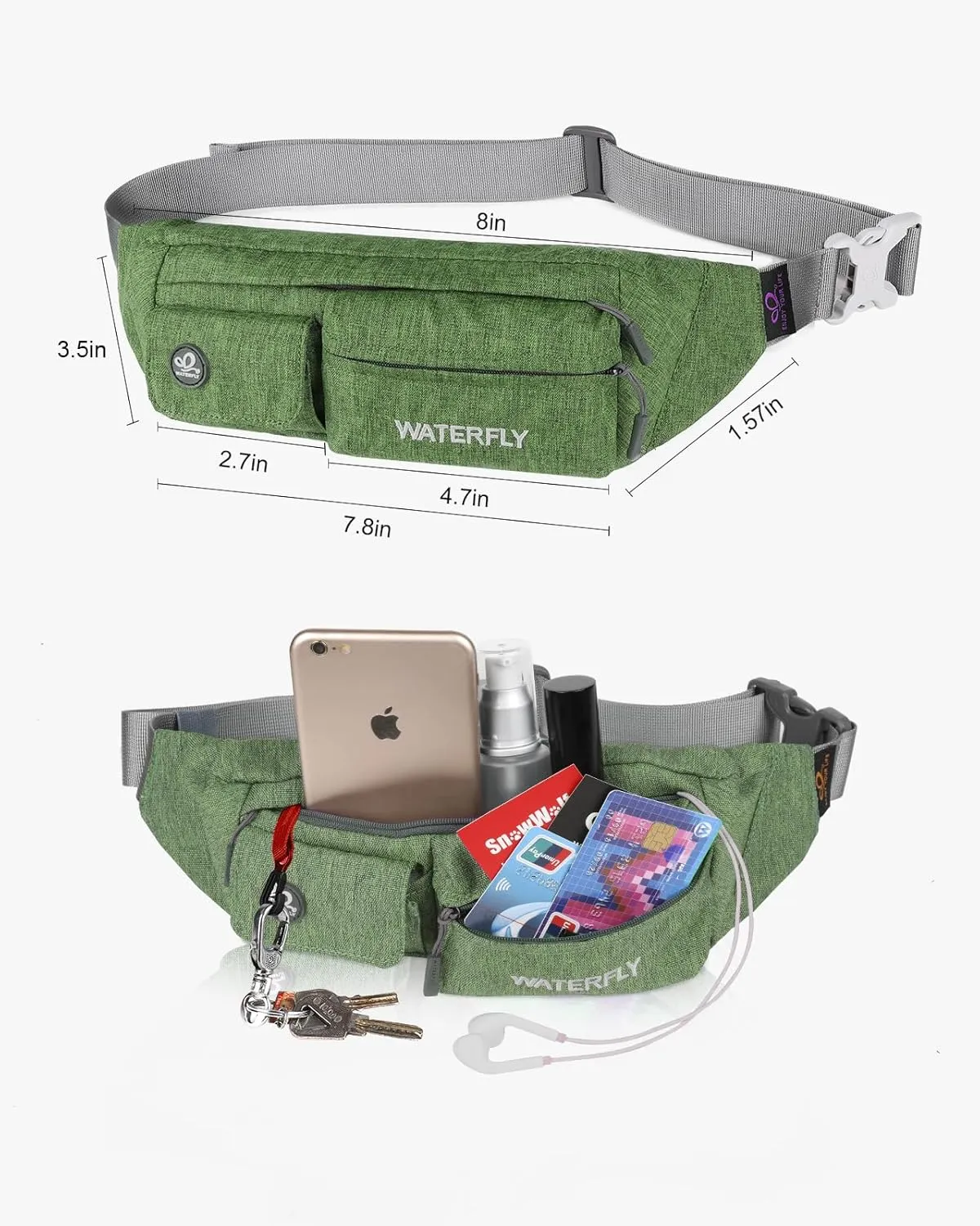 WATERFLY Fanny Pack for Women Men Water Resistant Small Waist Pouch Slim Belt Bag with 4 Pockets for Running Travelling Hiking Walking Lightweight Crossbody Chest Bag Fit All Phones