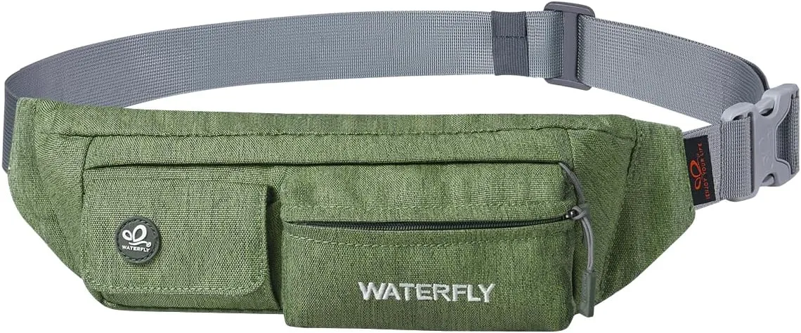 WATERFLY Fanny Pack for Women Men Water Resistant Small Waist Pouch Slim Belt Bag with 4 Pockets for Running Travelling Hiking Walking Lightweight Crossbody Chest Bag Fit All Phones
