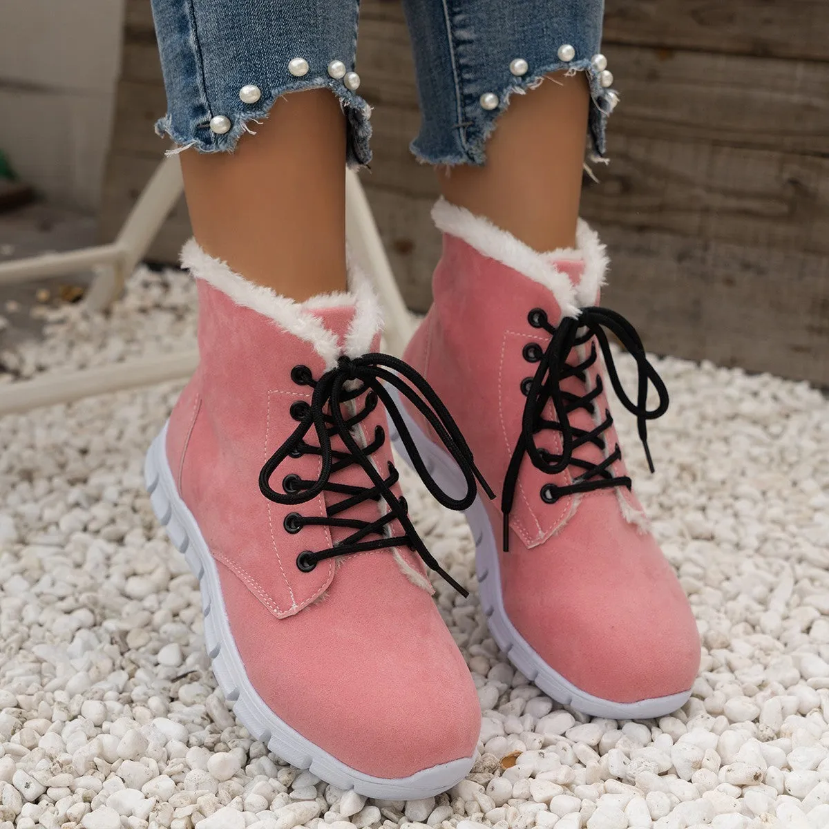 Women's Lace-Up Flat Sole Plush Ankle Boots