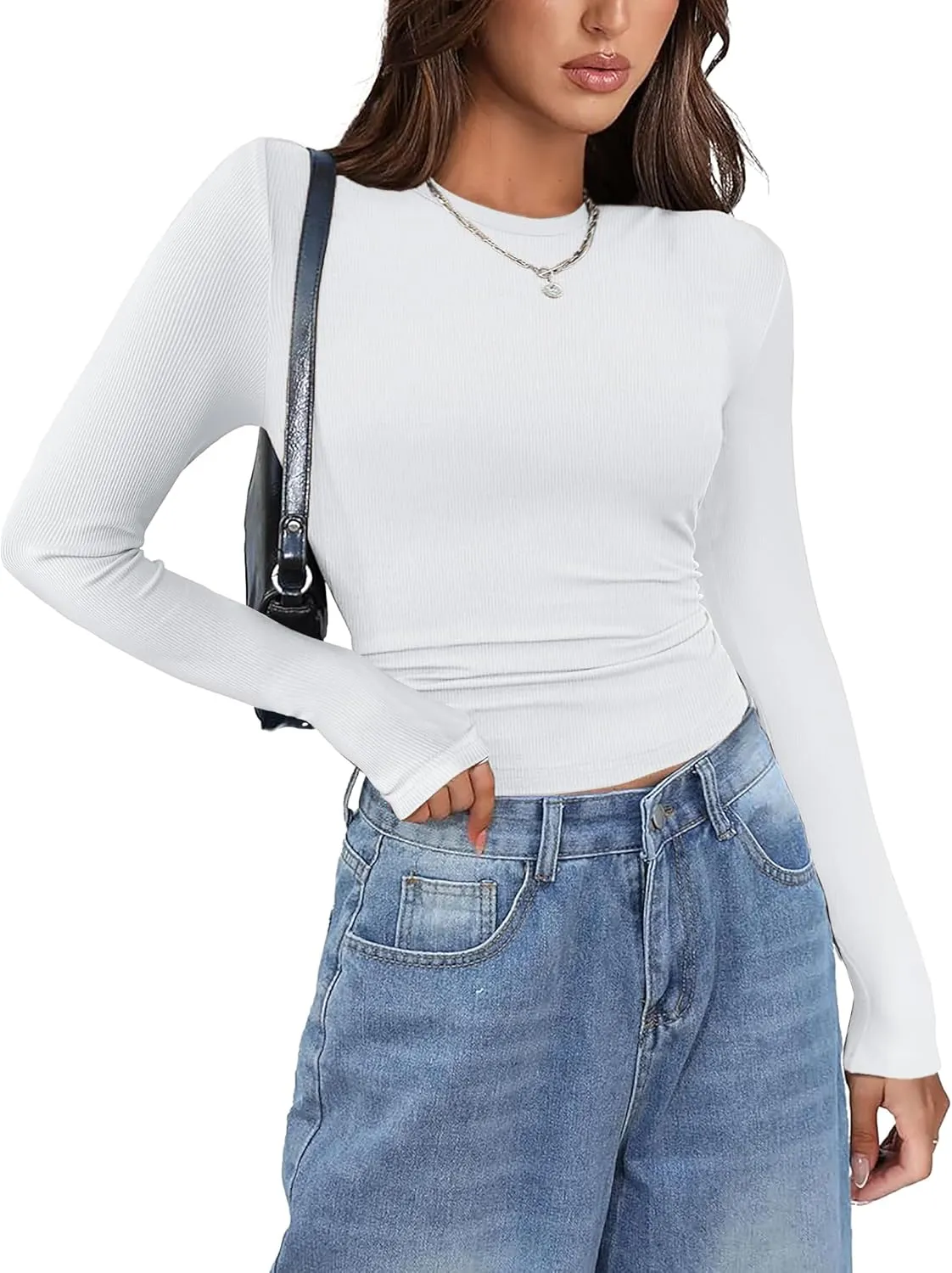 Zeagoo Womens Long Sleeve Stretch Crewneck Ribbed T-Shirt Slim Fit Casual Basic Tops S-XXL